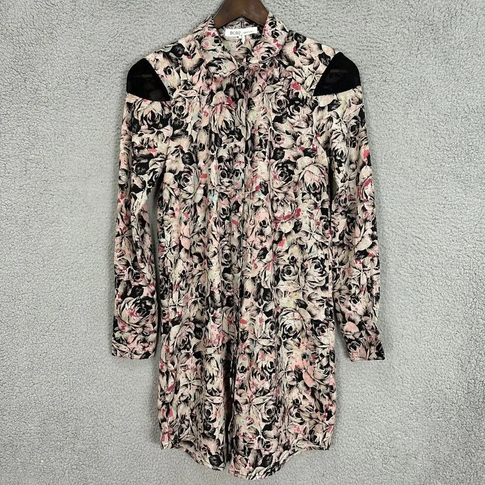 BCBgeneration Shift Dress Womens XXS Pink Floral Long Sleeve Boho Whimsigoth